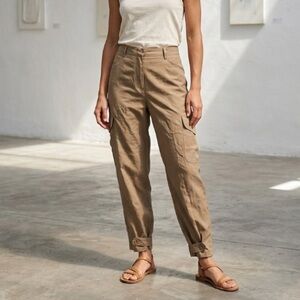 Max Studio Cargo Trousers Size 10 Tan Ankle Detail High Rise Lightweight